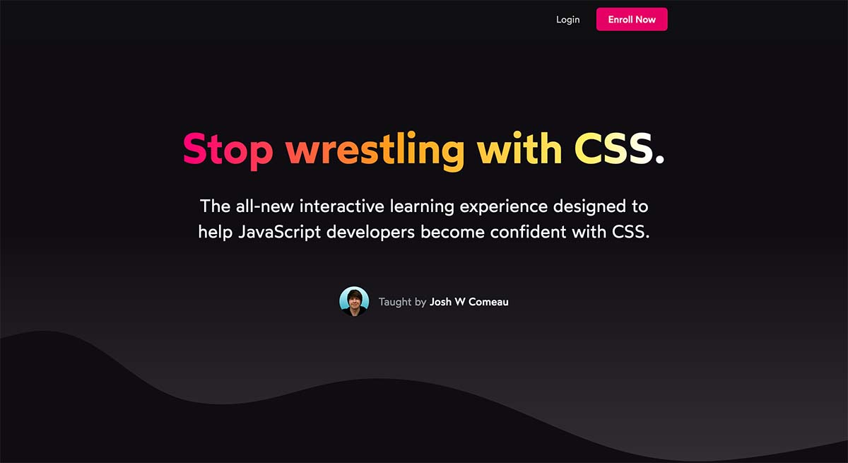 Screenshot of the CSS For Javascript Developers website with the text 'Stop wrestling with CSS'