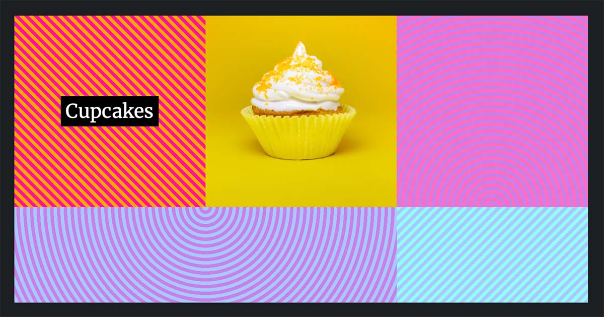 Grid of four segments with brightly coloured backgrounds and cupcake photo in the first section
