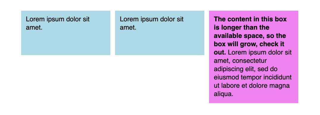 Two blue boxes with short text, one purple box with longer text