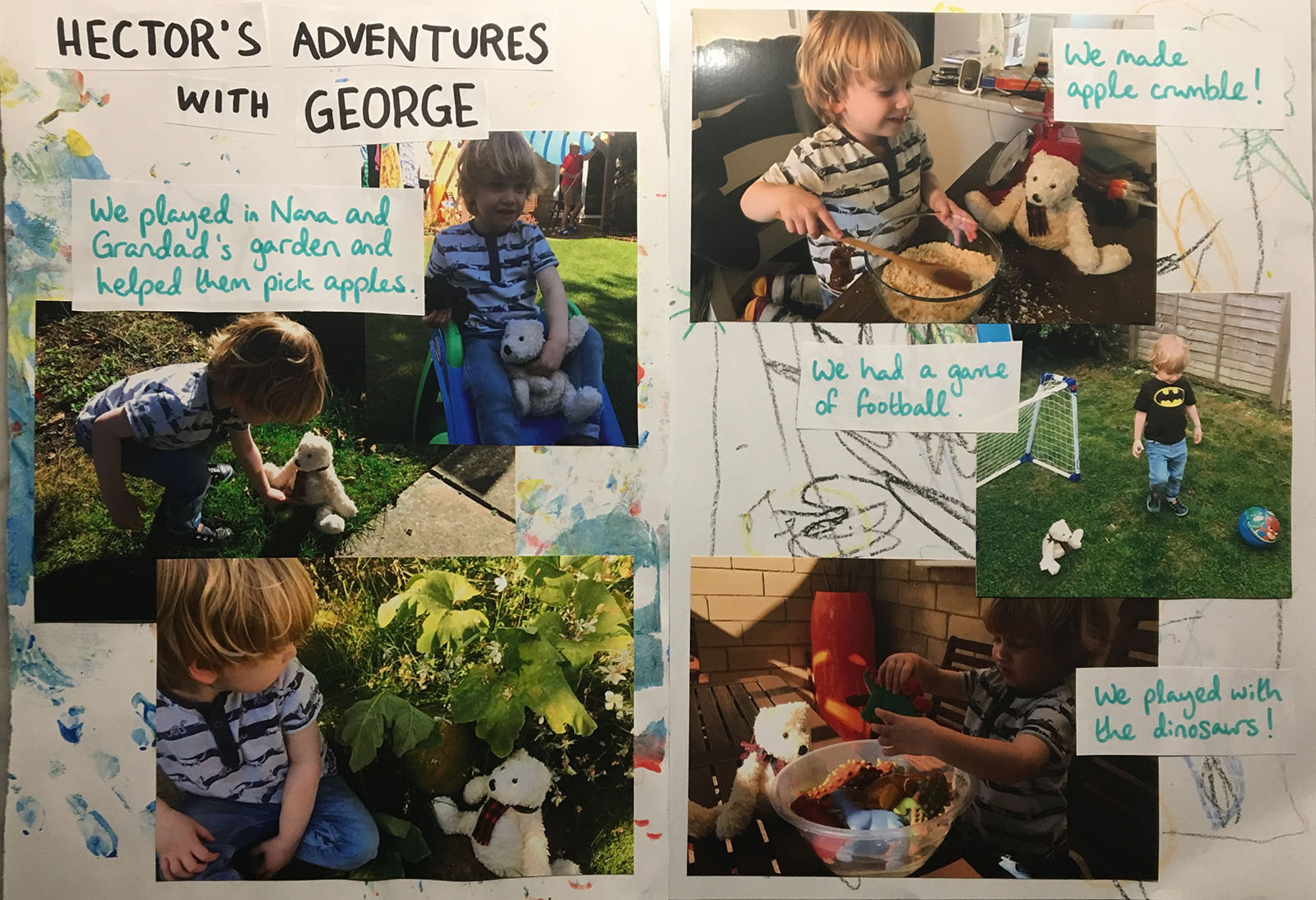 Child’s preschool scrapbook spread titled ‘Hector’s Adventures with George’