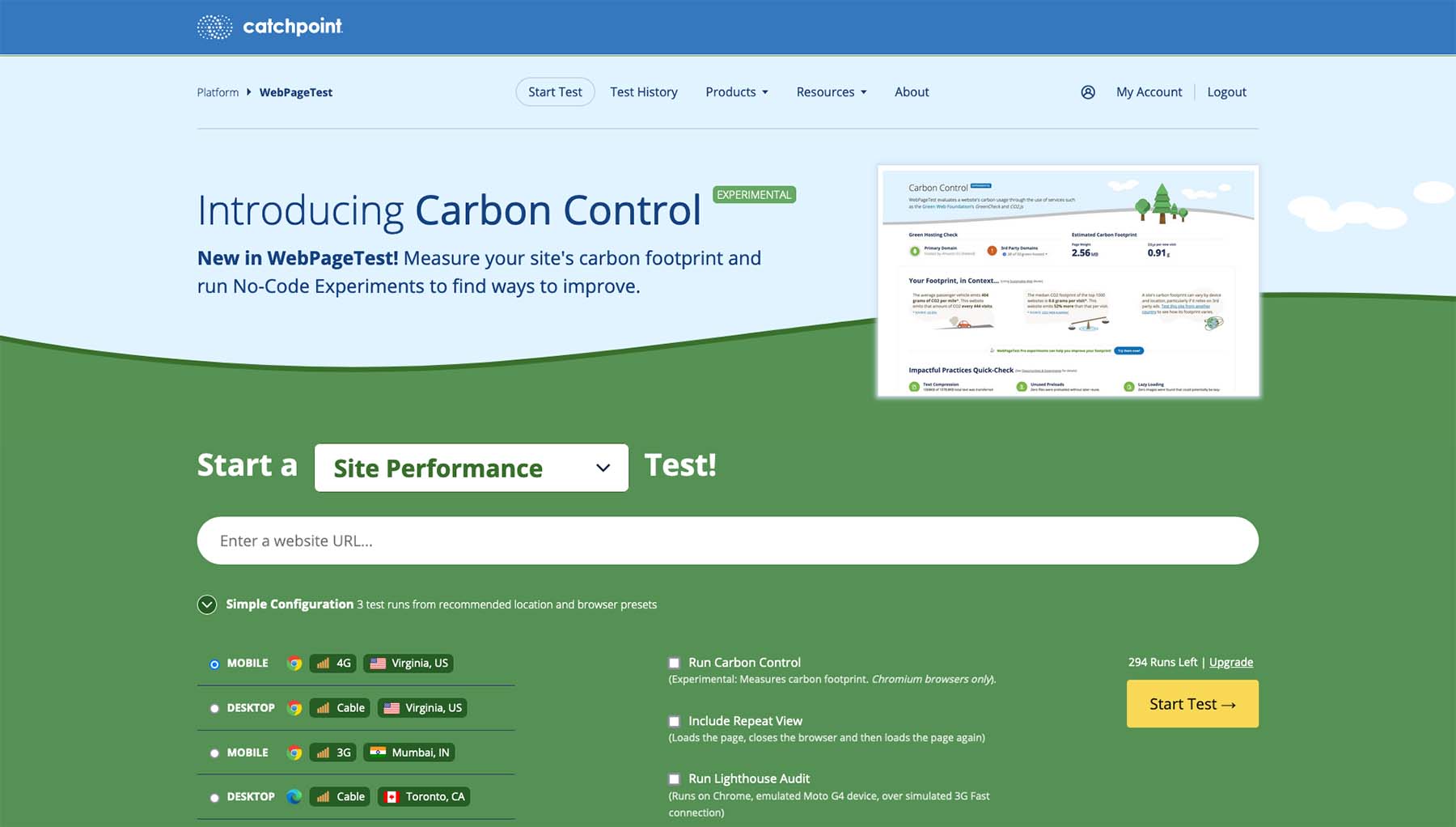 Screenshot of WebPageTest Carbon Capture homepage