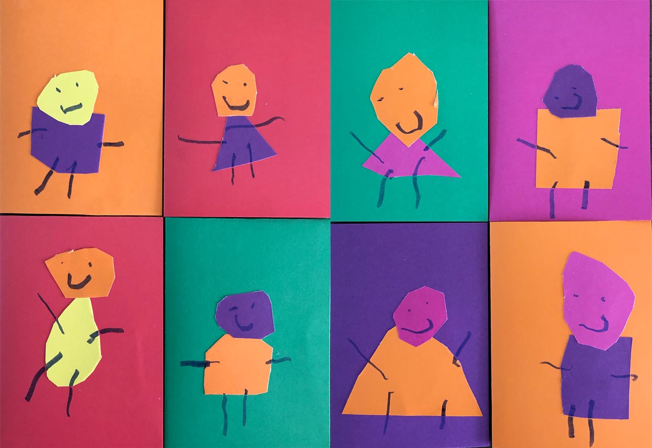 A grid of six multicoloured paper people