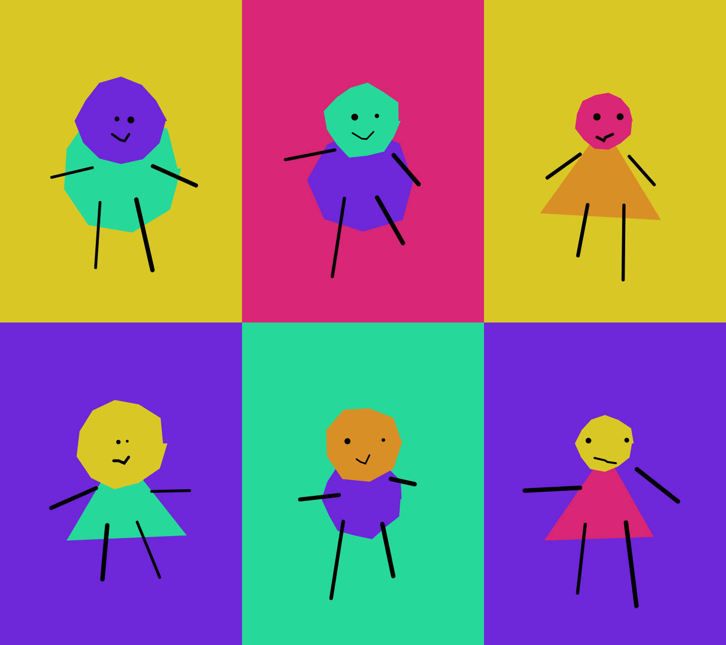 A grid of six multicoloured SVG people