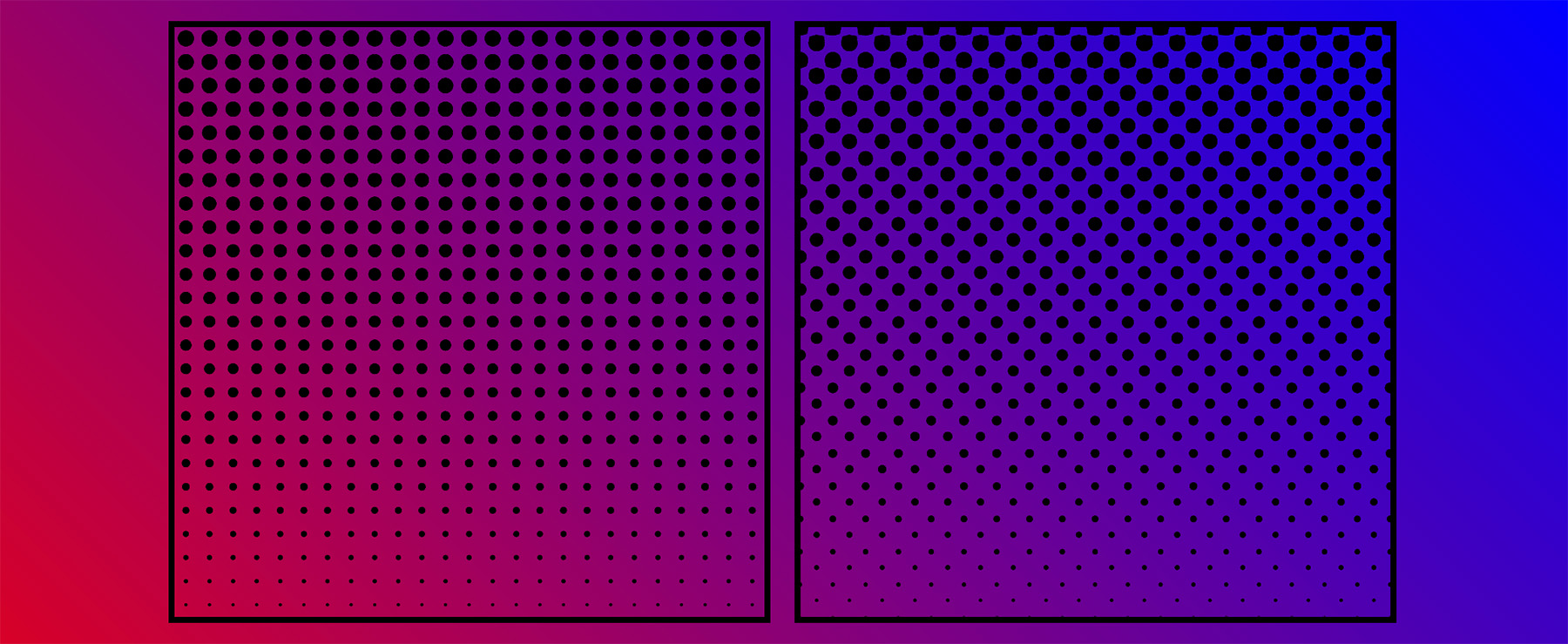 The two halftone patterns on a red to blue gradient background