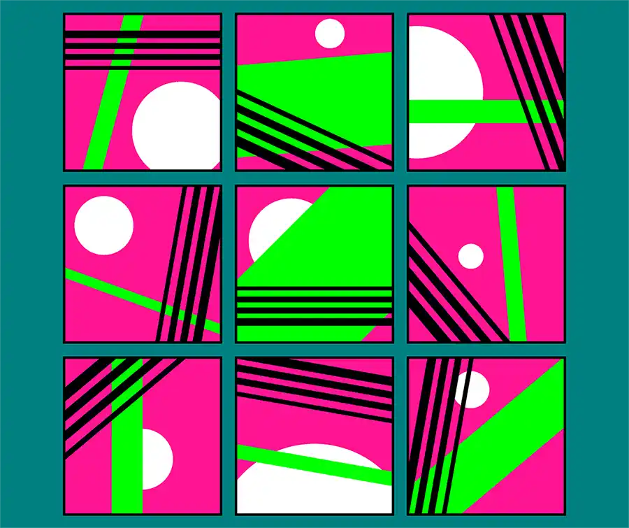 A grid of 9 bright pink squares with black, white and lime green shapes arranges in different compositions