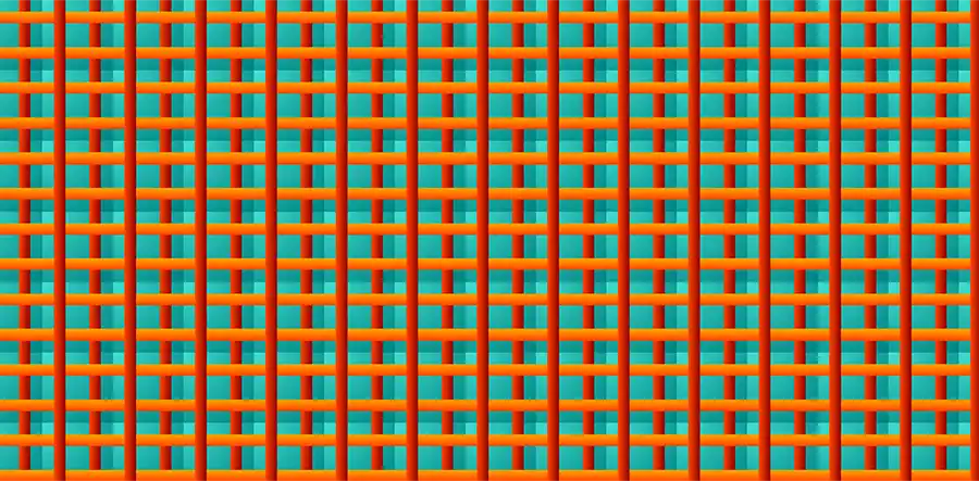 A lattice pattern in orange, red and teal