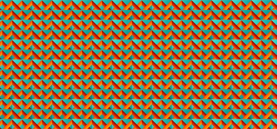 A pattern of overlapping triangles in orange, red and teal
