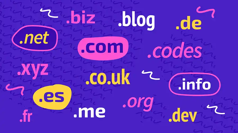 Various top level domain names in pink, white and yellow on a dark purple background background