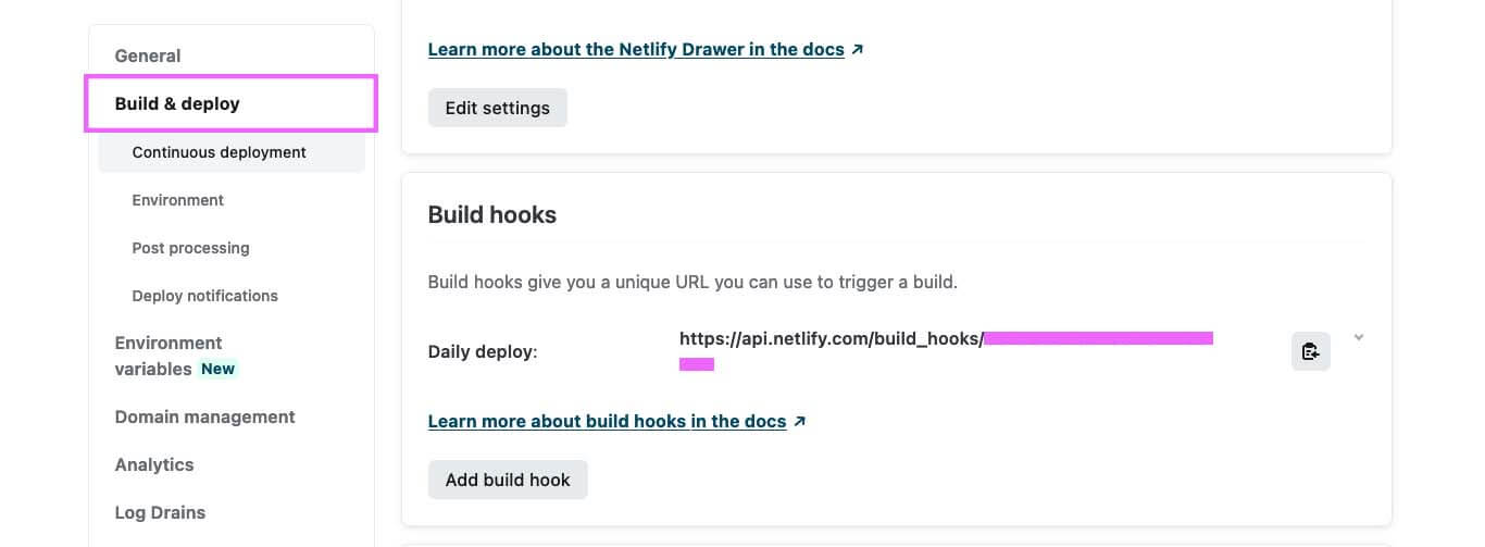Netlify UI showing the location of the Build and Deploy section on the left