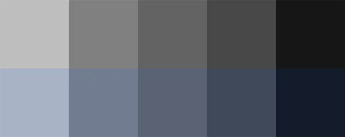 Two rows of 5 shades of grey. The ones on the bottom row have a slightly bluer tone.