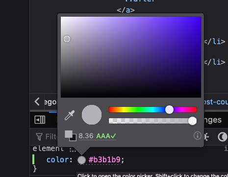 Screenshot of the Firefox colour picker with accessibility informations