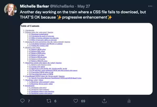 Screenshot of tweet with the text “Another day working on the train where a CSS file fails to download, but THAT’S OK because ✨progressive enhancement✨”, accompanied a screenshot of the web page I was browsing at the time in its unstyled HTML form